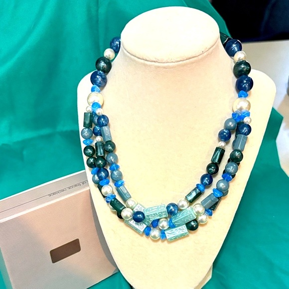 Avon Vintage 1988 South of France Faux Pearl Molded Blue Green Bead Necklace - Picture 7 of 7